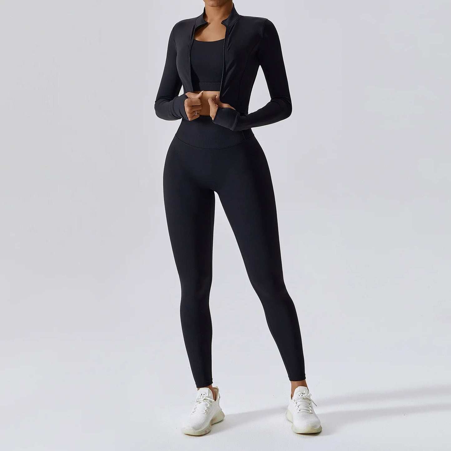YIYI Breathable High Stretchy Workout Sets Cropped Jacket Sets 3pcs Gym