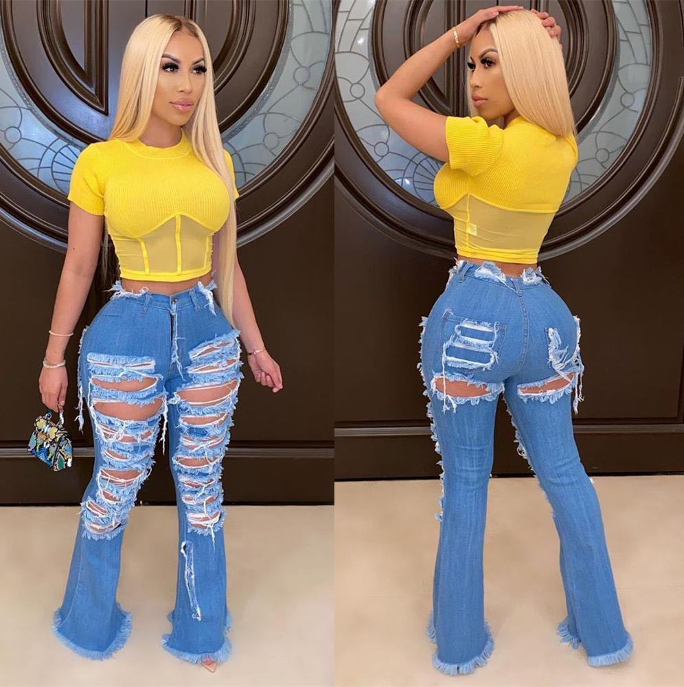 Wide Leg Ripped Street Trend Horn Bell Bottom Denim Pants Jeans Women