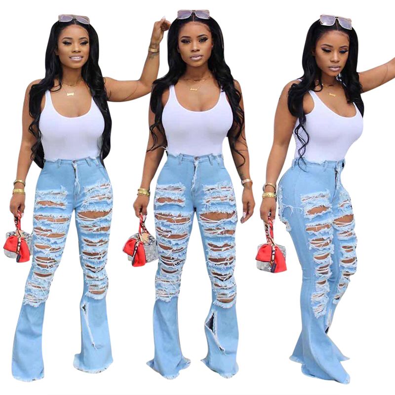 Wide Leg Ripped Street Trend Horn Bell Bottom Denim Pants Jeans Women