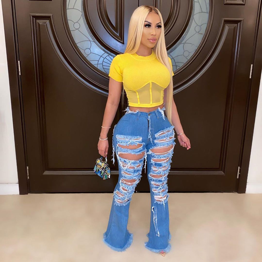 Wide Leg Ripped Street Trend Horn Bell Bottom Denim Pants Jeans Women