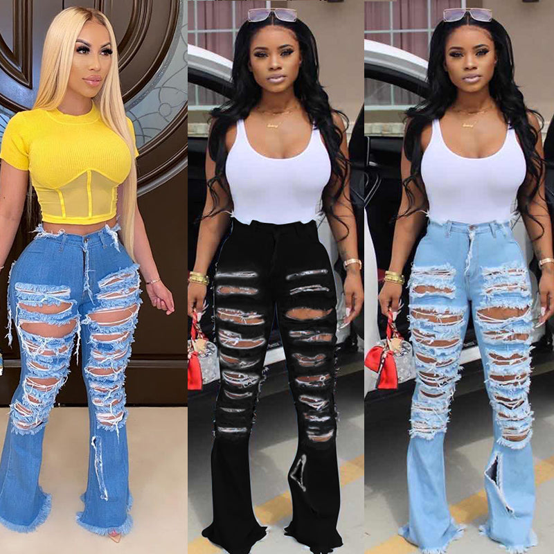 Wide Leg Ripped Street Trend Horn Bell Bottom Denim Pants Jeans Women