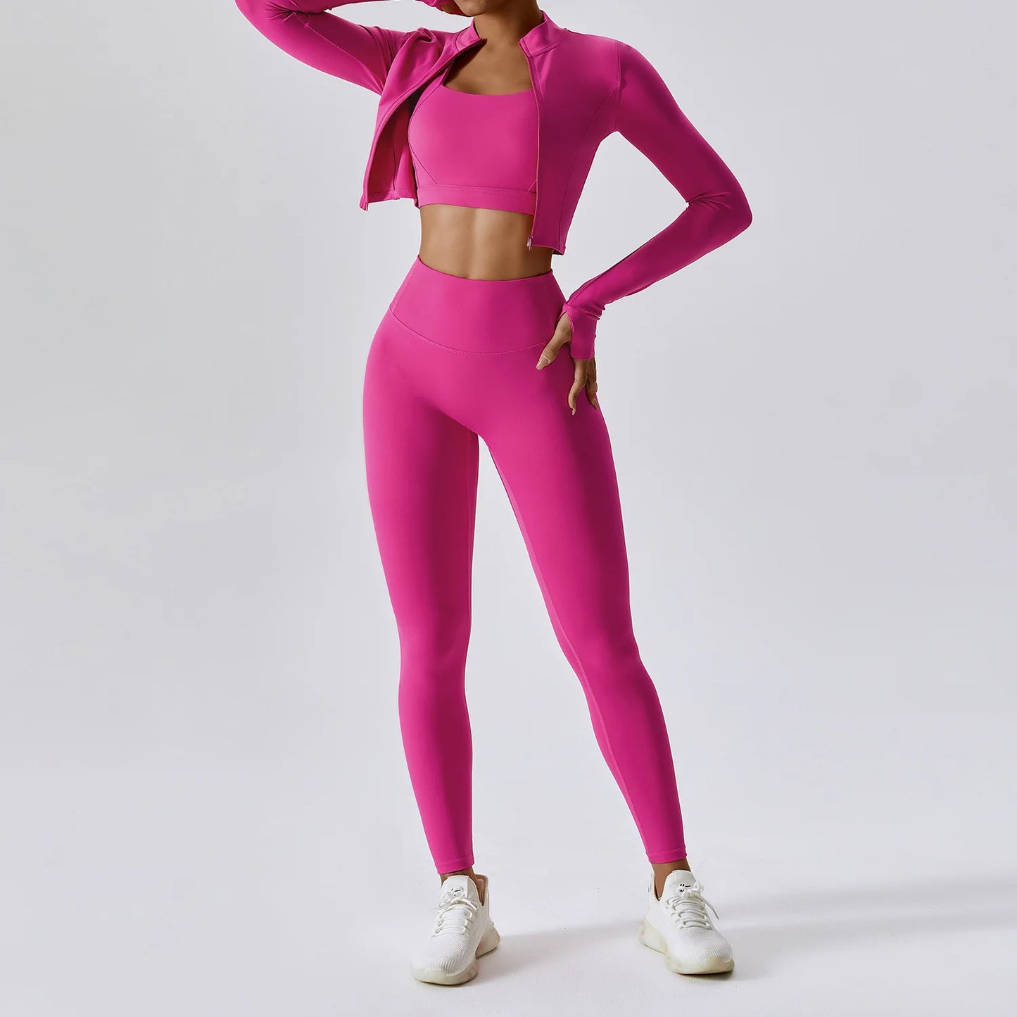 YIYI Breathable High Stretchy Workout Sets Cropped Jacket Sets 3pcs Gym