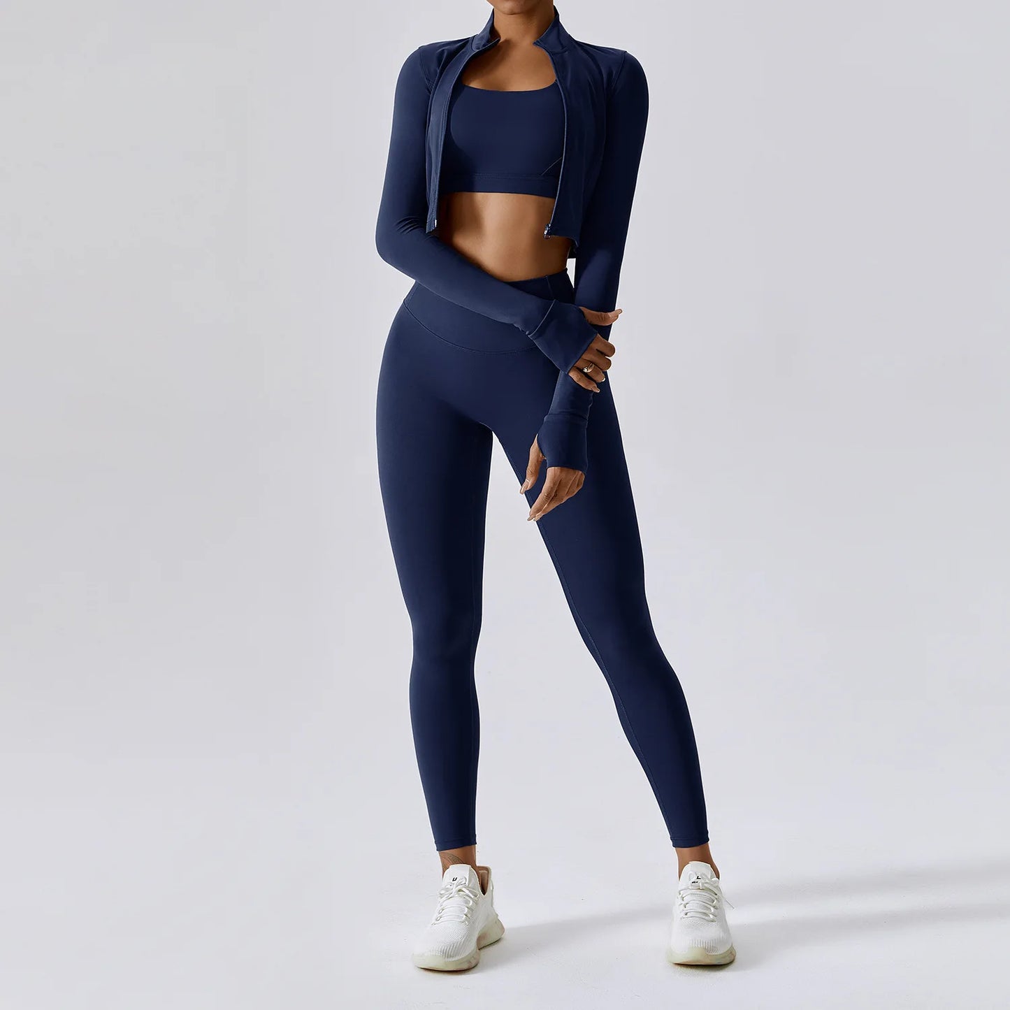 YIYI Breathable High Stretchy Workout Sets Cropped Jacket Sets 3pcs Gym
