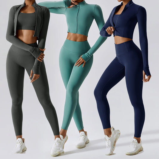 YIYI Breathable High Stretchy Workout Sets Cropped Jacket Sets 3pcs Gym