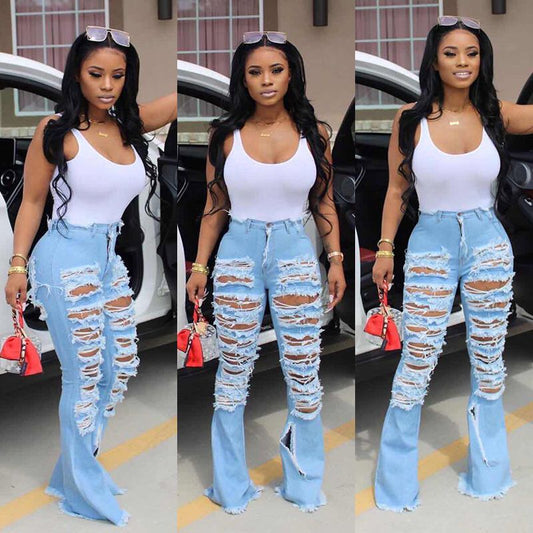 Wide Leg Ripped Street Trend Horn Bell Bottom Denim Pants Jeans Women