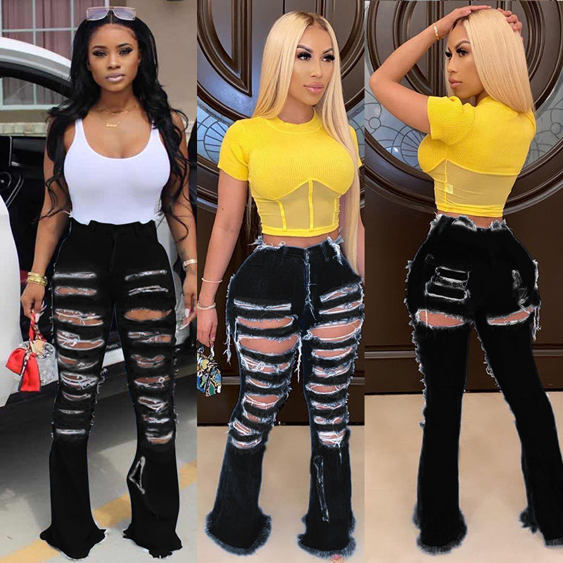 Wide Leg Ripped Street Trend Horn Bell Bottom Denim Pants Jeans Women